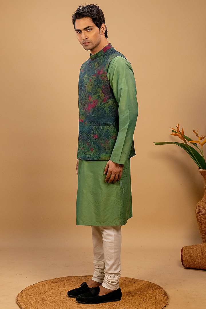 Green Cotton Silk Printed & Embroidered Bundi Jacket Set by Agape Men at Pernia's Pop Up Shop