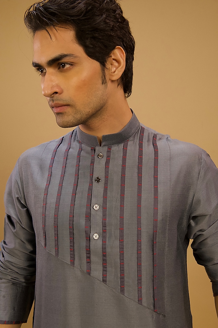 Grey Cotton Silk Kurta Set by Agape Men at Pernia's Pop Up Shop