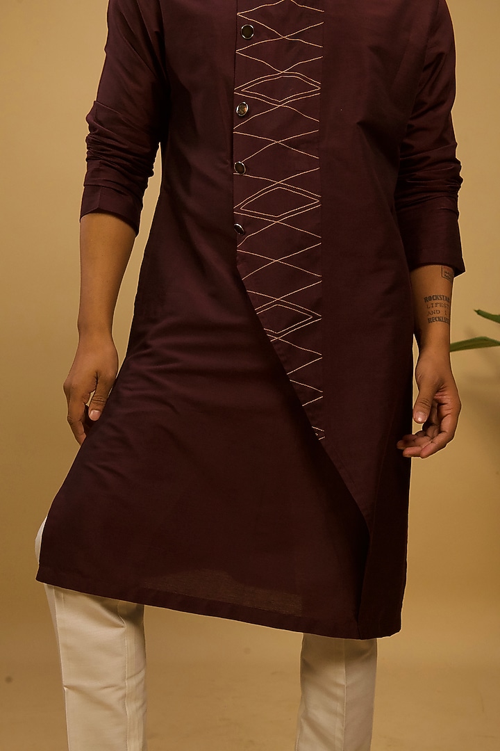 Wine Cotton Embroidered Kurta Set by Agape Men at Pernia's Pop Up Shop