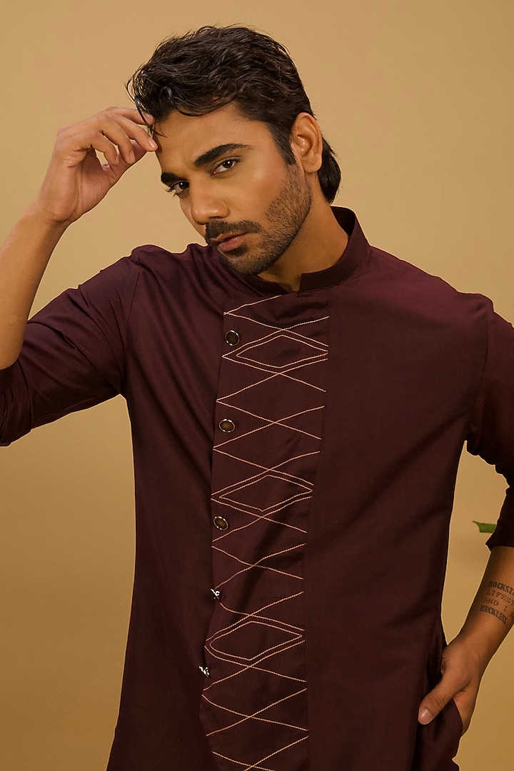 Wine Cotton Embroidered Kurta Set by Agape Men at Pernia's Pop Up Shop