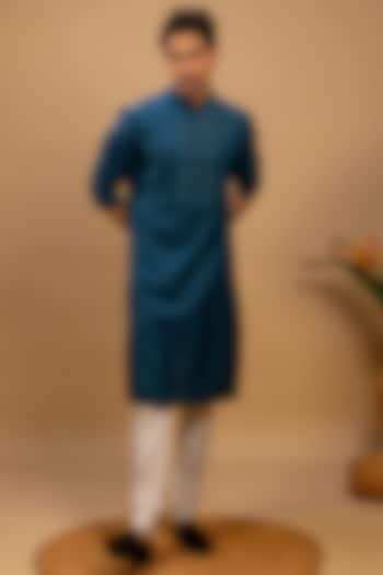 Blue Cotton Kurta Set by Agape Men