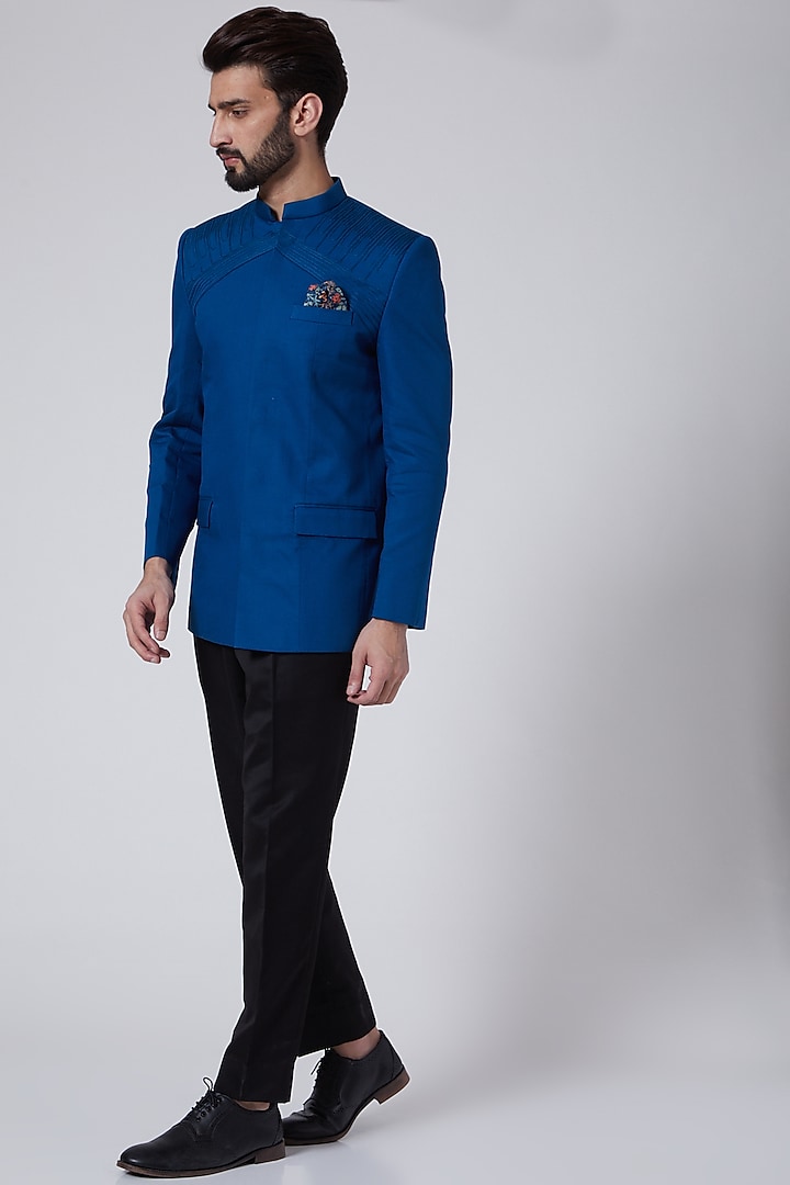 Bright Blue Thread Embroidered Suit Set by Agape Men