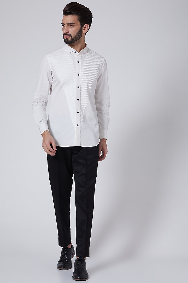 White Pintucked Tuxedo Party Wear Shirt by Agape Men at Pernia's Pop Up Shop