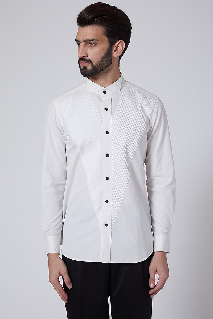 White Pintucked Tuxedo Party Wear Shirt by Agape Men at Pernia's Pop Up Shop