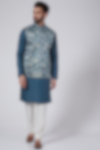 Teal Kurta Set With Embroidered Jacket by Agape Men