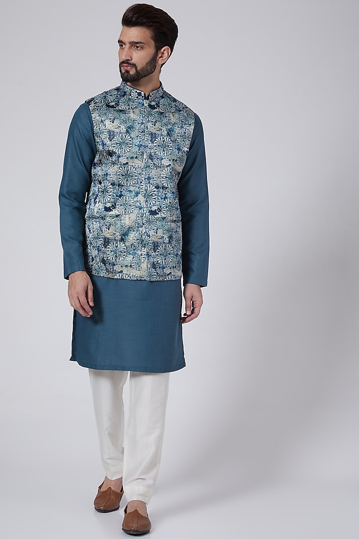 Teal Kurta Set With Embroidered Jacket by Agape Men