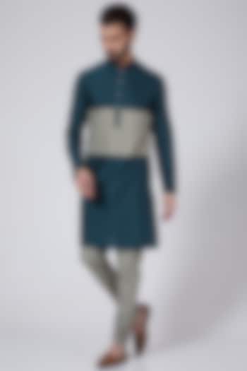 Ocean Green Cotton Silk Embroidered Kurta Set by Agape Men at Pernia's Pop Up Shop
