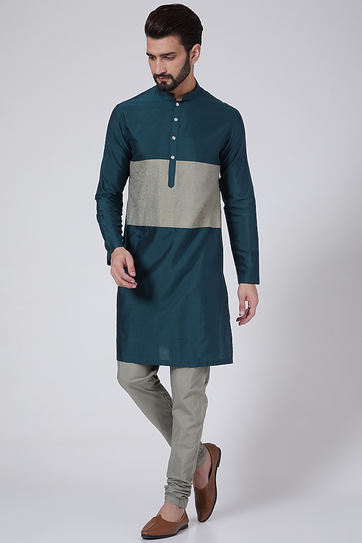 Ocean Green Cotton Silk Embroidered Kurta Set by Agape Men at Pernia's Pop Up Shop