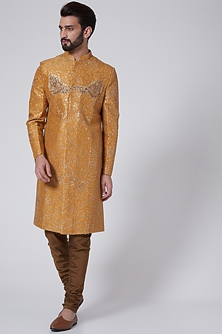 Mustard Embroidered Sherwani Set by Agape Men