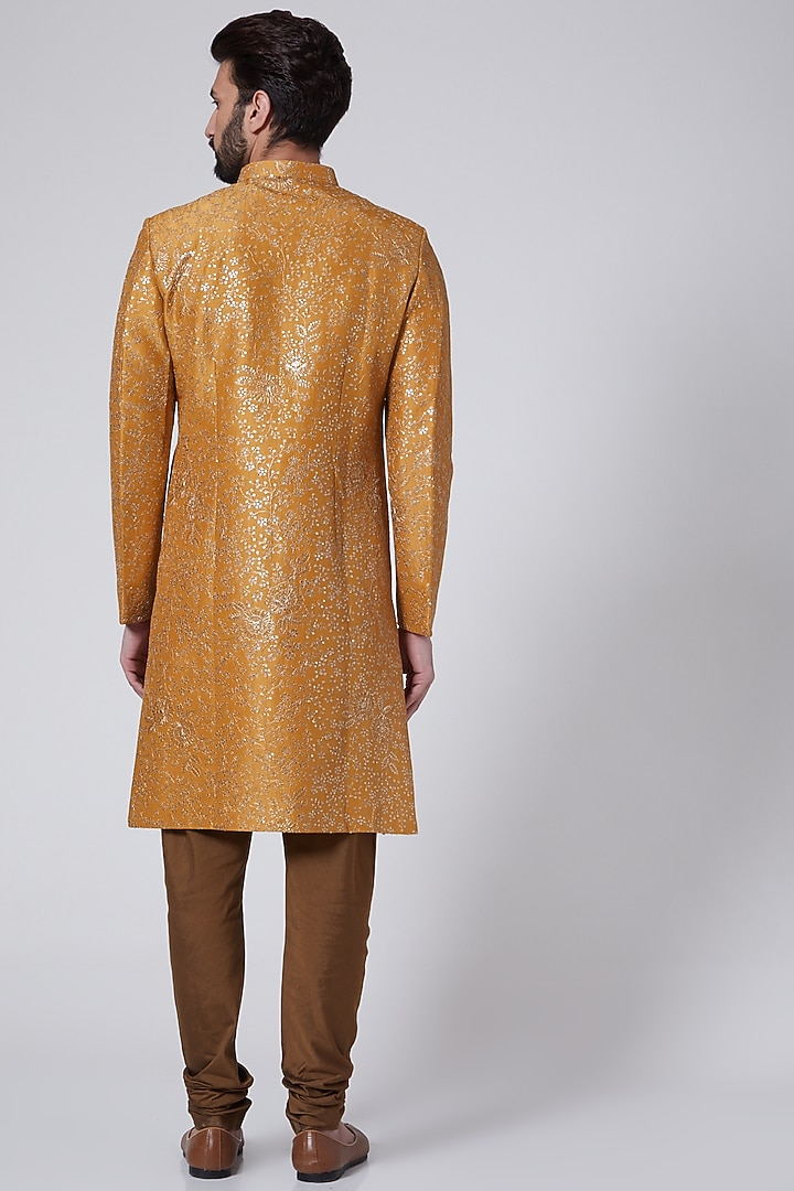 Mustard Embroidered Wedding Sherwani Set by Agape Men at Pernia's Pop Up Shop