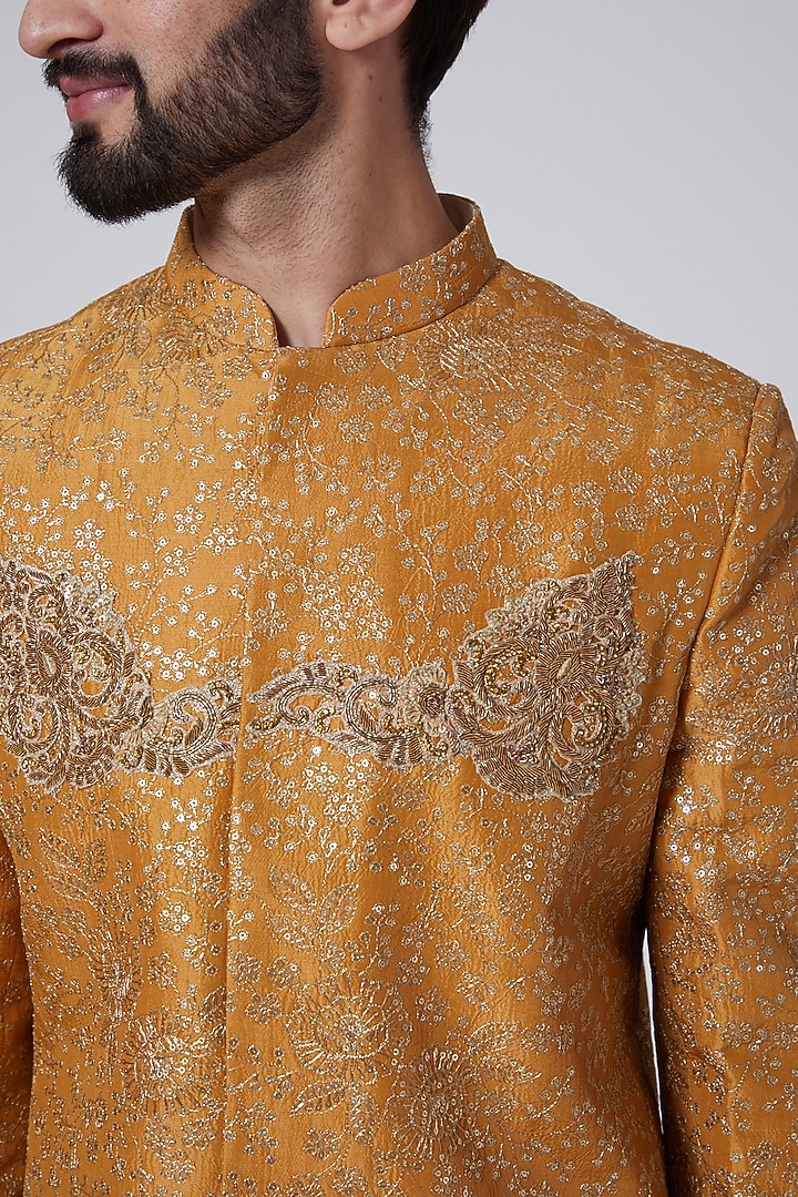 Mustard Embroidered Wedding Sherwani Set by Agape Men at Pernia's Pop Up Shop