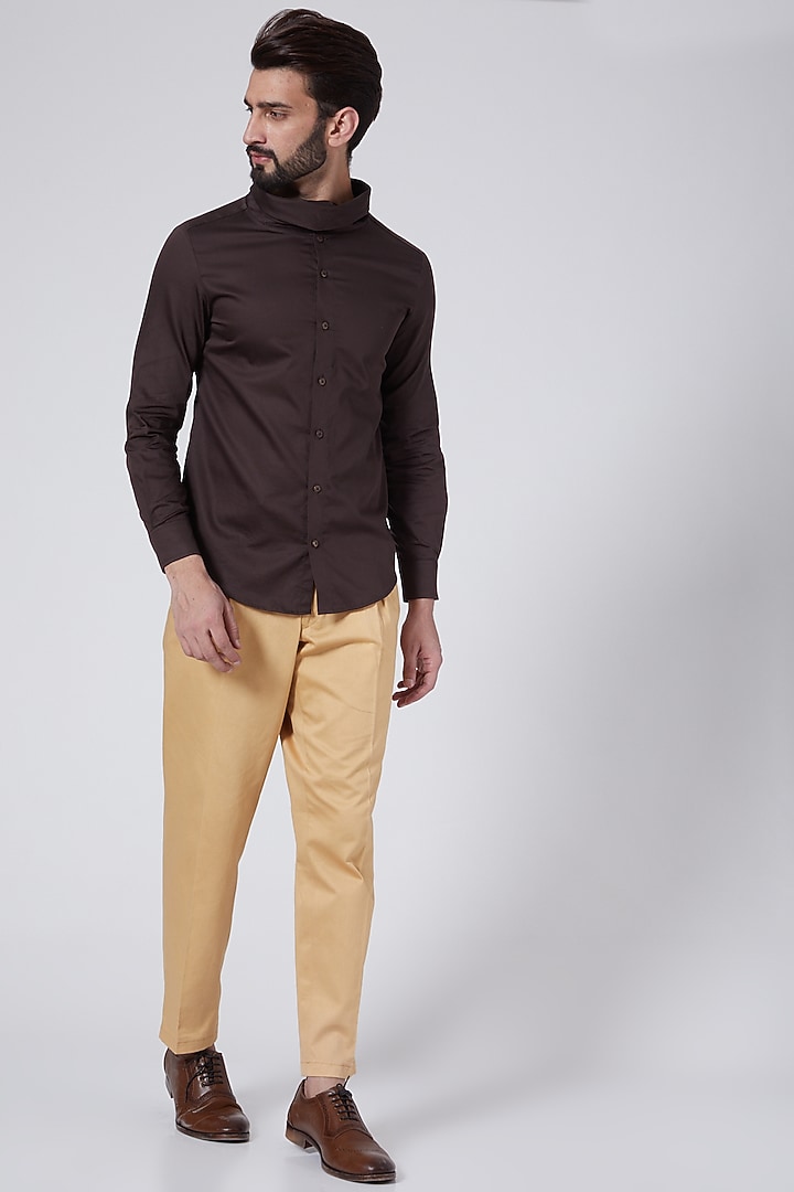 Brown Cowl Collared Party Wear Shirt by Agape Men at Pernia's Pop Up Shop
