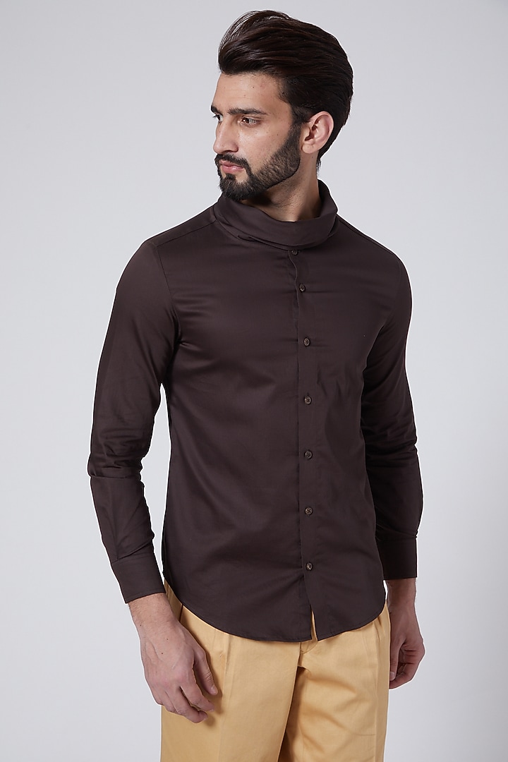 Brown Cowl Collared Party Wear Shirt by Agape Men at Pernia's Pop Up Shop