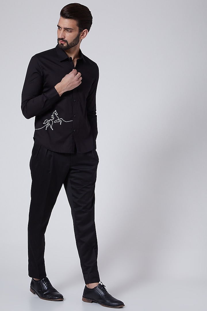 Black Embroidered Party Wear Shirt by Agape Men at Pernia's Pop Up Shop