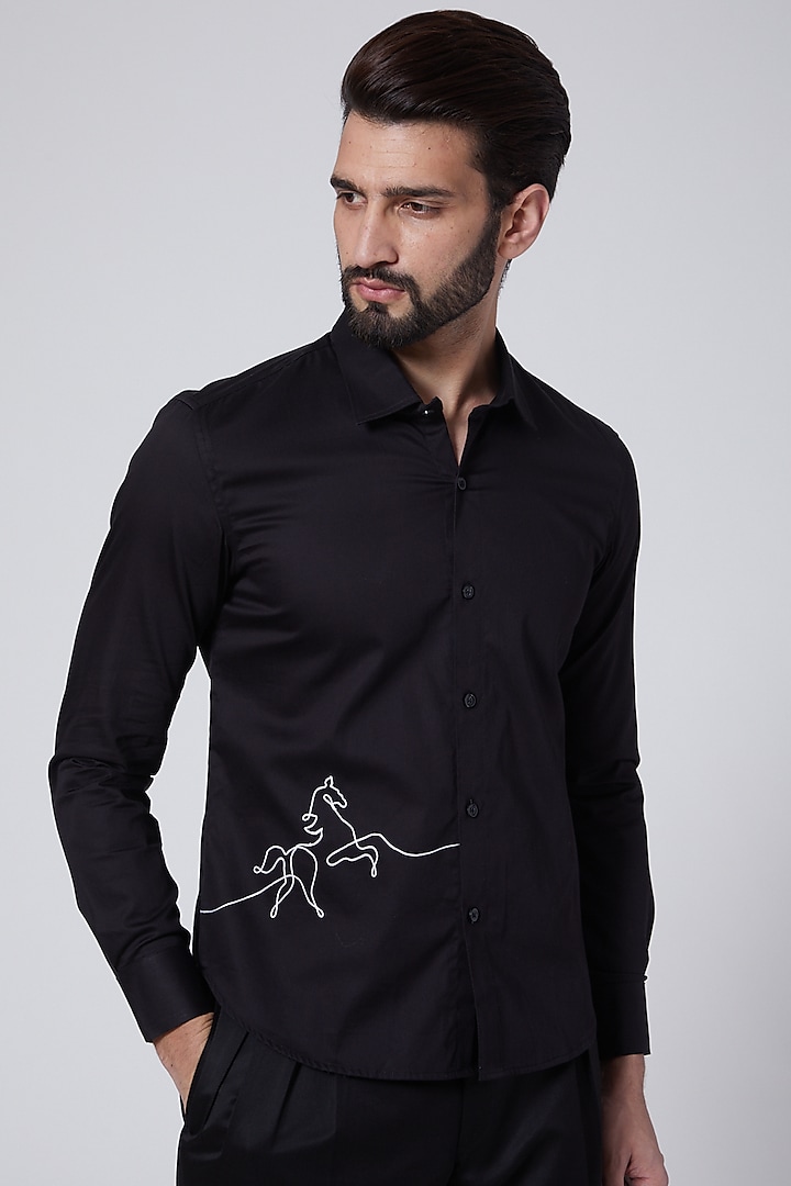 Black Hand Embroidered Shirt Design by DiyaRajvvir Men at Pernia's
