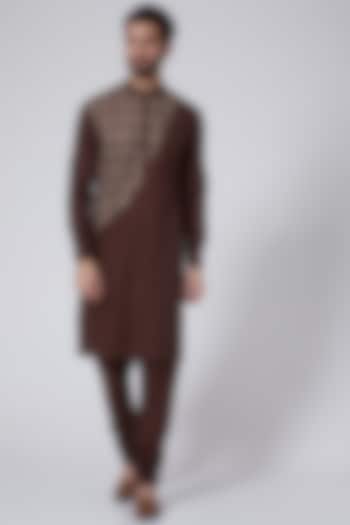 Dark Brown Kota Silk Kurta Set by Agape Men at Pernia's Pop Up Shop