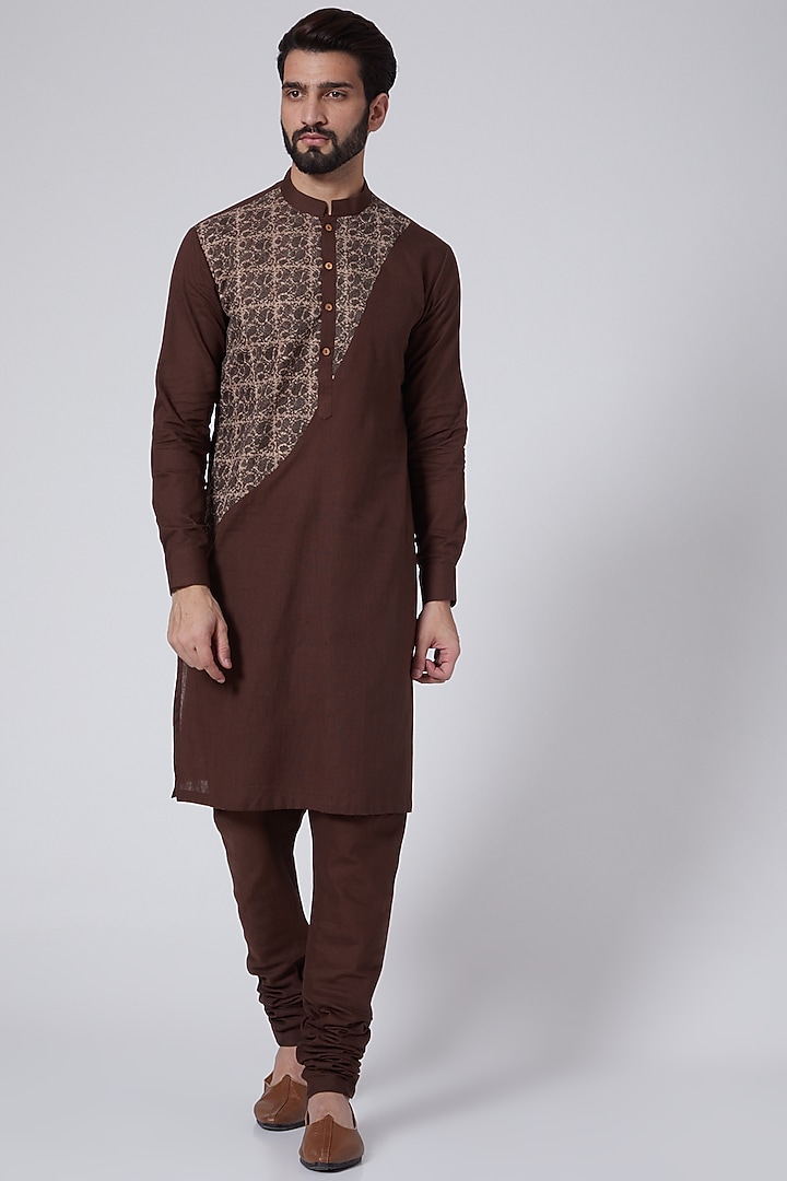 Dark Brown Kota Silk Kurta Set by Agape Men at Pernia's Pop Up Shop