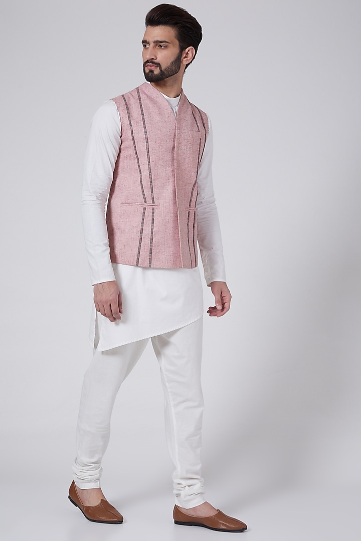 White Cotton Kurta Set With Nehru Jacket by Agape Men