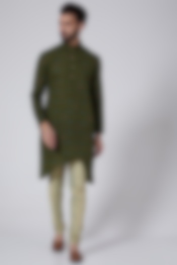 Mehendi Green Embroidered High-Low Kurta Set by Agape Men at Pernia's Pop Up Shop