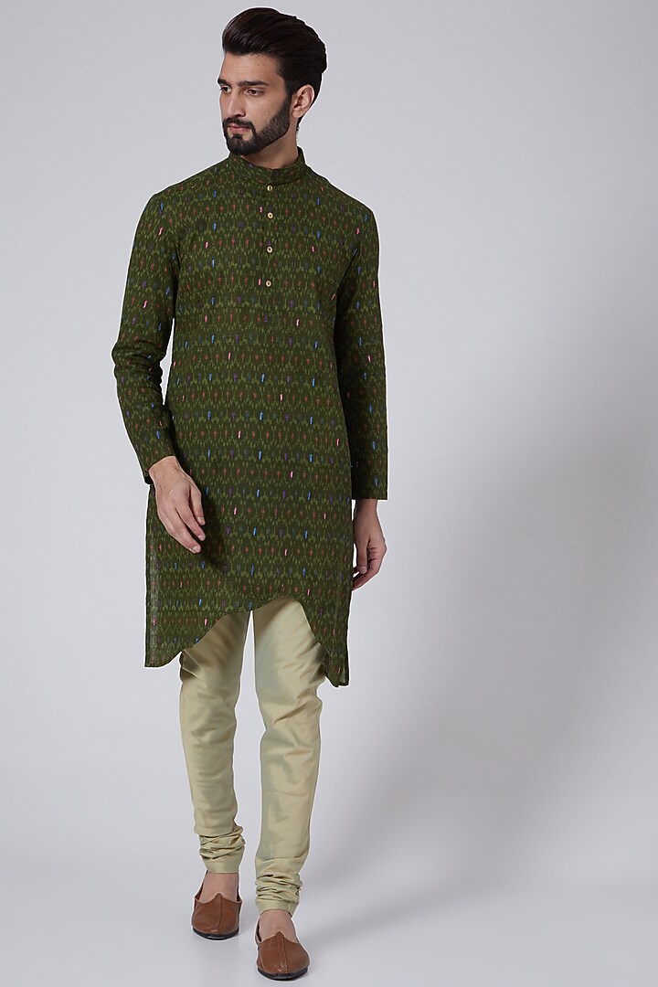 Mehendi Green Embroidered High-Low Kurta Set by Agape Men at Pernia's Pop Up Shop