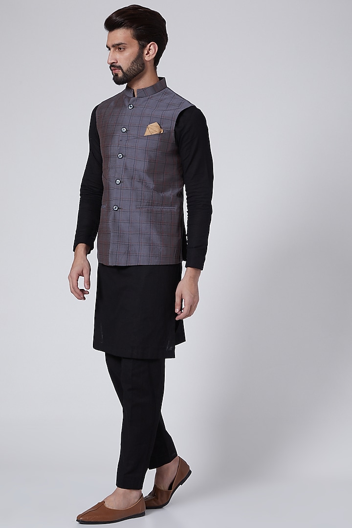 Grey Pleated Nehru Jacket by Agape Men