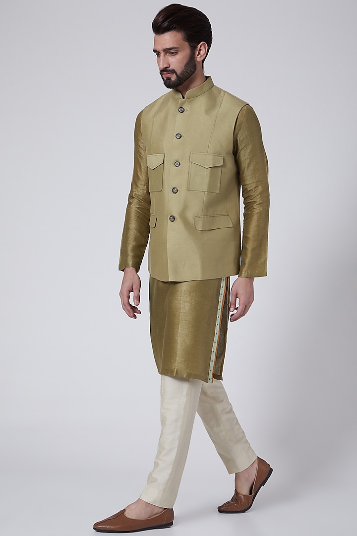 Beige Cotton Silk Nehru Jacket by Agape Men