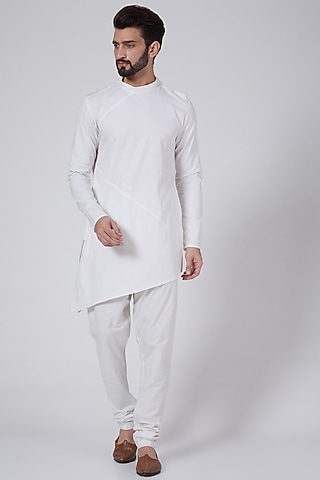 White Asymmetrical Kurta Set by Agape Men