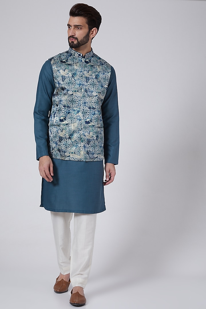 Turquoise Embroidered & Printed Nehru Jacket by Agape Men