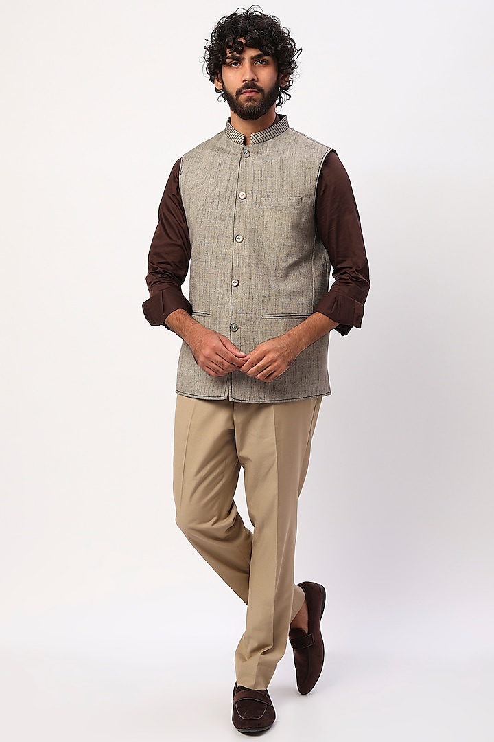 Light Brown Cotton Textured Bundi Jacket by Agape Men