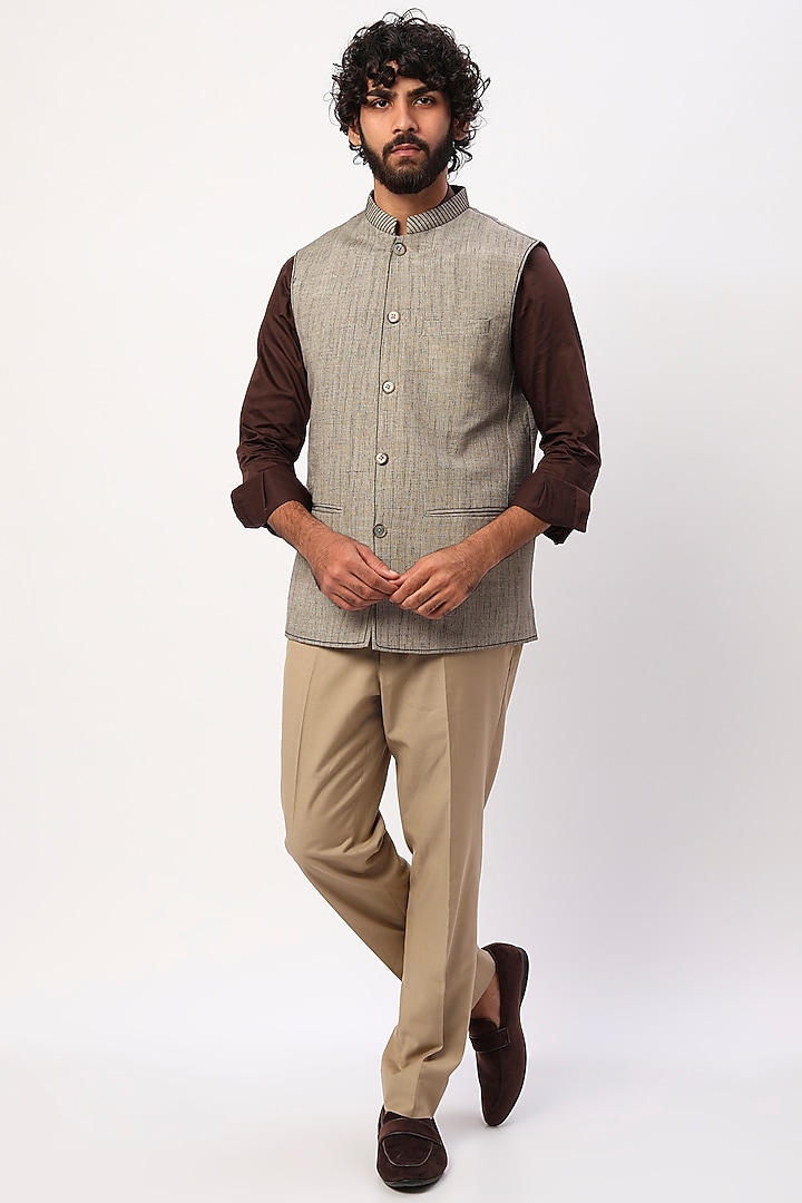 Light Brown Cotton Textured Bundi Jacket by Agape Men at Pernia's Pop Up Shop