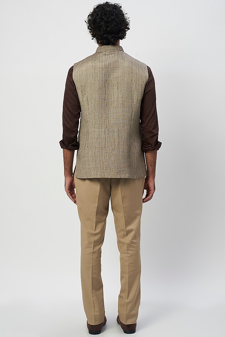Light Brown Cotton Textured Bundi Jacket by Agape Men at Pernia's Pop Up Shop