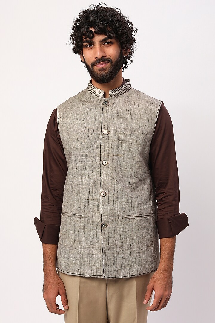 Light Brown Cotton Textured Bundi Jacket by Agape Men at Pernia's Pop Up Shop