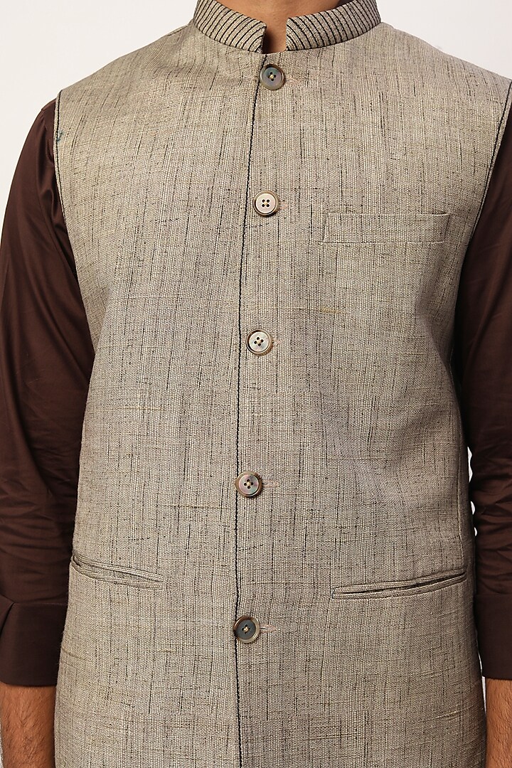 Light Brown Cotton Textured Bundi Jacket by Agape Men at Pernia's Pop Up Shop