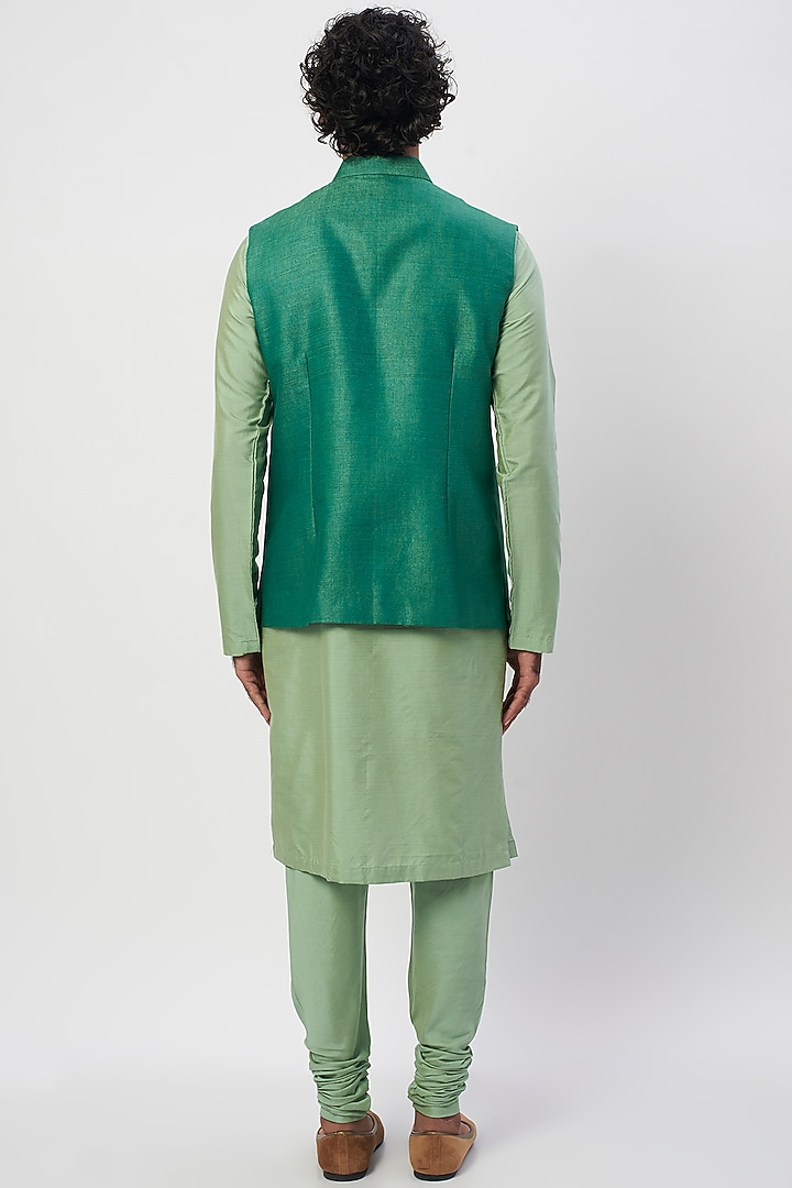 Jade Green Cotton Silk Mirror Embroidered Bundi Jacket Set by Agape Men at Pernia's Pop Up Shop