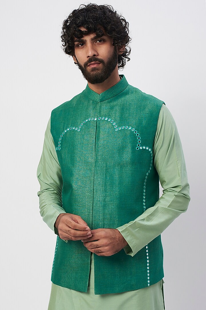 Jade Green Cotton Silk Mirror Embroidered Bundi Jacket Set by Agape Men at Pernia's Pop Up Shop