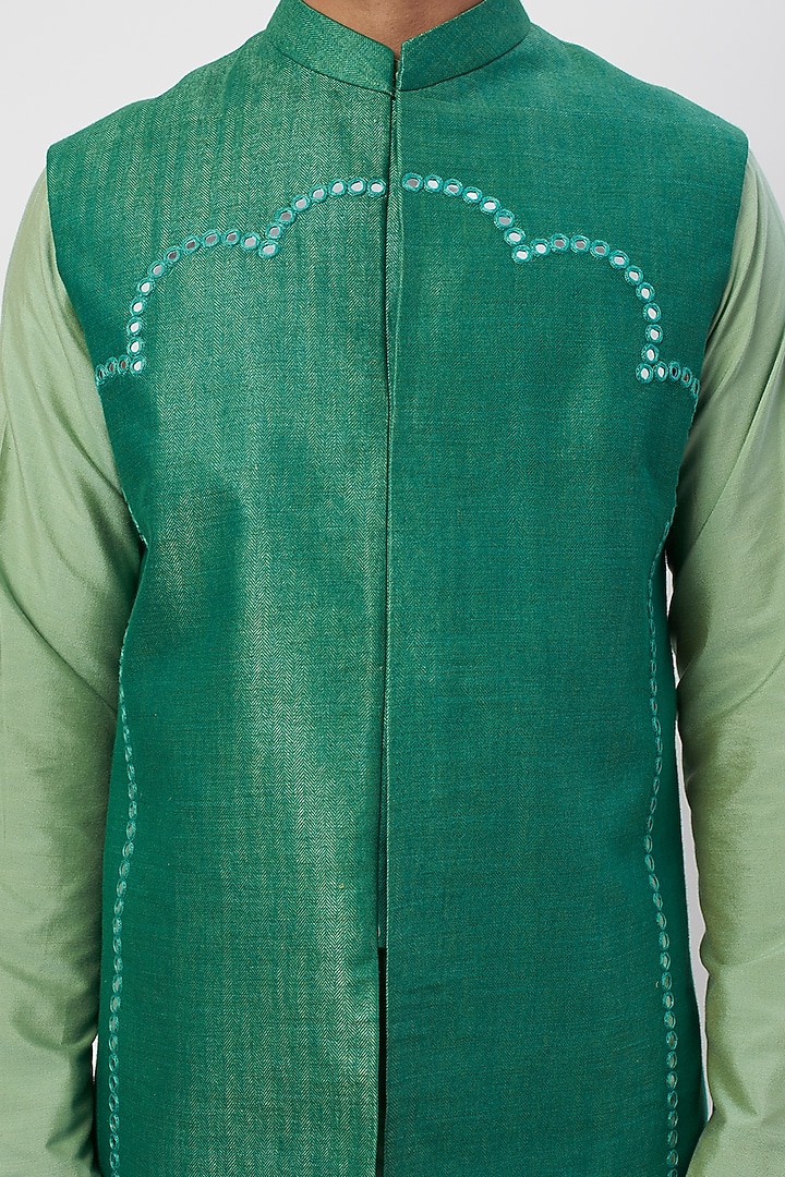 Jade Green Cotton Silk Mirror Embroidered Bundi Jacket Set by Agape Men at Pernia's Pop Up Shop