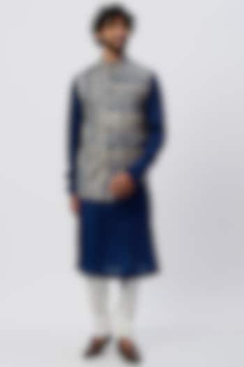 Cobalt Blue Silk Kurta Set With Bundi Jacket by Agape Men