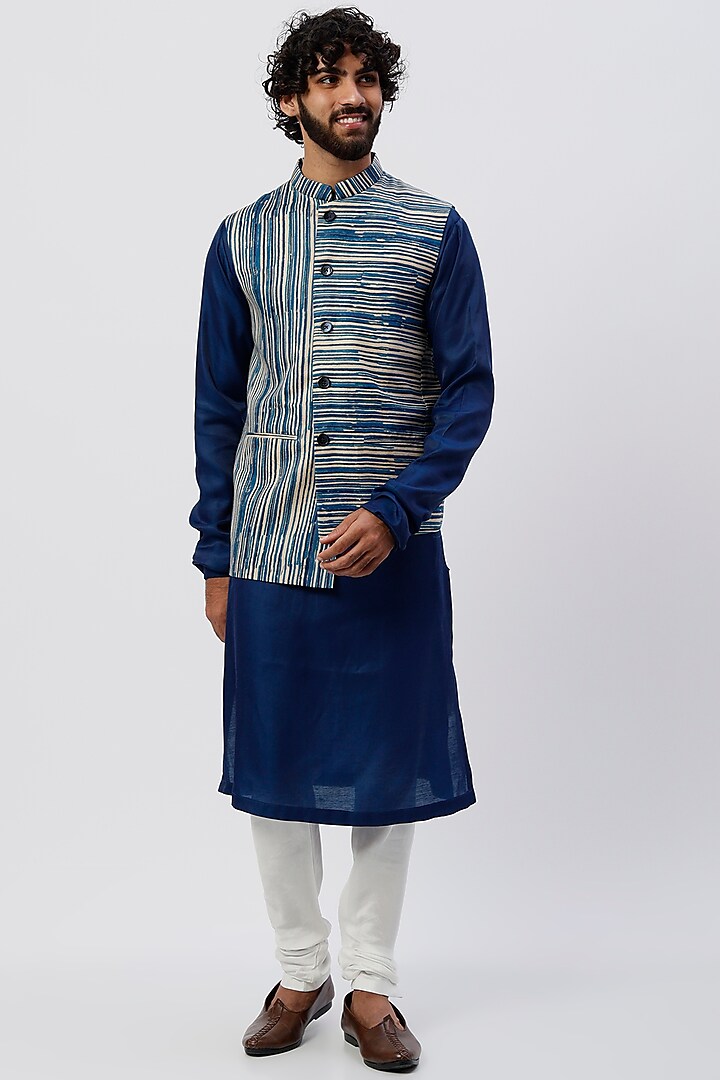 Cobalt Blue Silk Kurta Set With Bundi Jacket by Agape Men