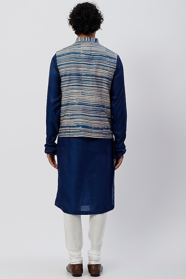 Cobalt Blue Silk Kurta Set With Bundi Jacket by Agape Men at Pernia's Pop Up Shop