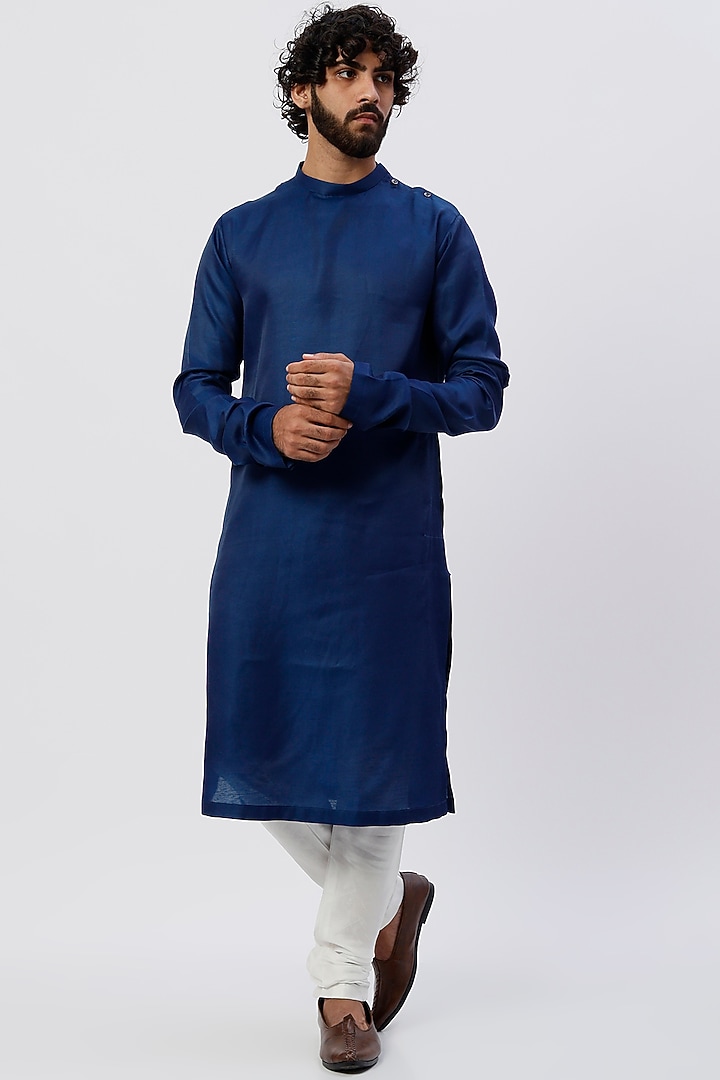 Cobalt Blue Silk Kurta Set With Bundi Jacket by Agape Men at Pernia's Pop Up Shop