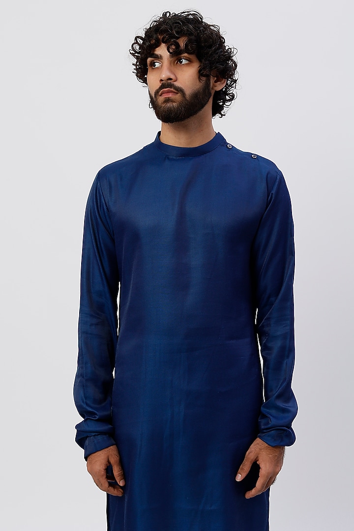 Cobalt Blue Silk Kurta Set With Bundi Jacket by Agape Men at Pernia's Pop Up Shop