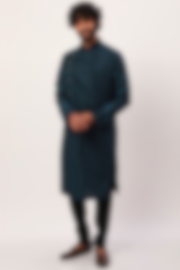 Ocean Blue Cotton Linen Kurta Set by Agape Men at Pernia's Pop Up Shop