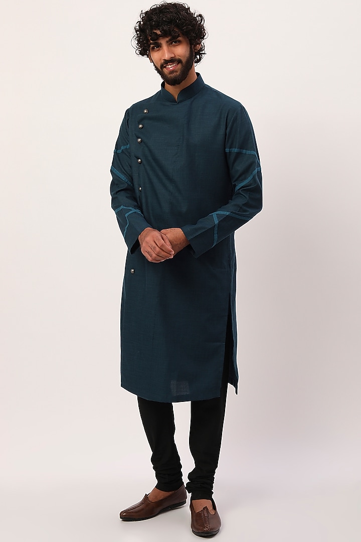 Ocean Blue Cotton Linen Kurta Set by Agape Men at Pernia's Pop Up Shop