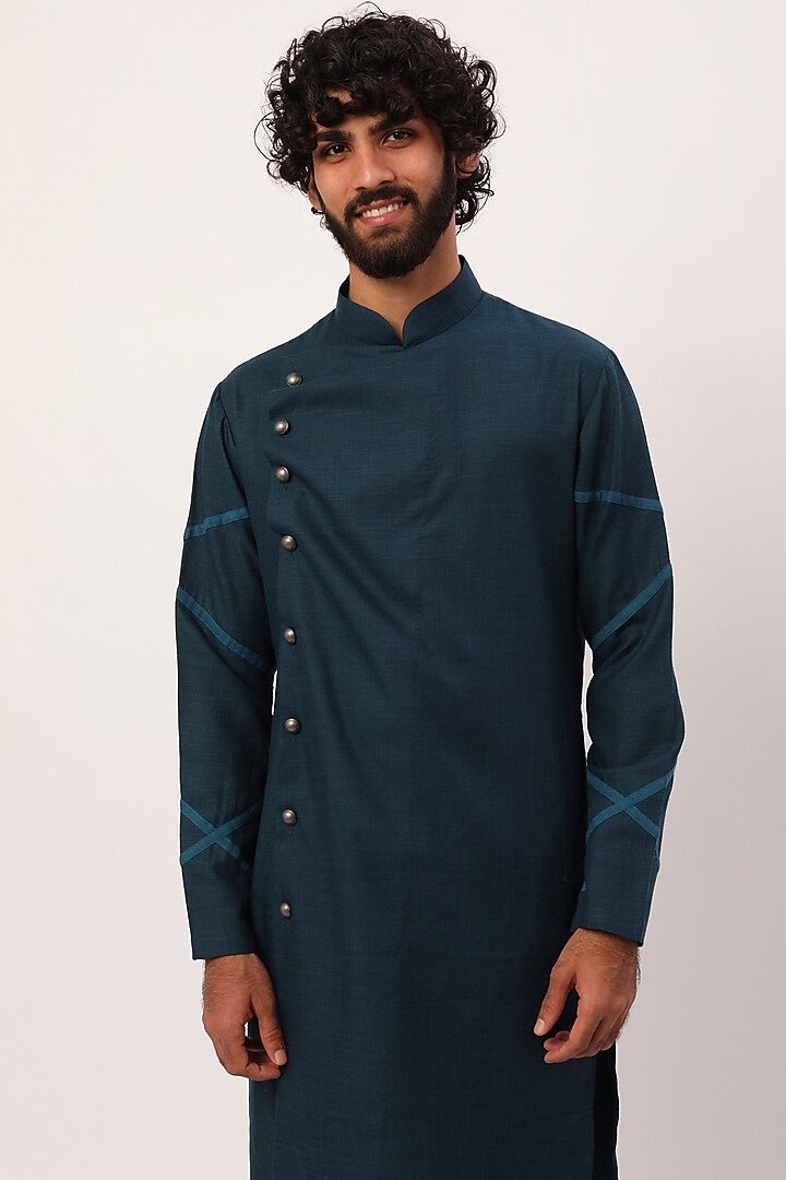 Ocean Blue Cotton Linen Kurta Set by Agape Men at Pernia's Pop Up Shop