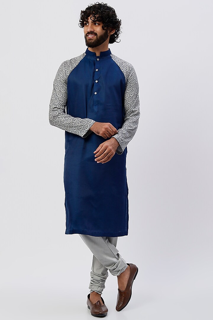 Blue Silk Kurta Set by Agape Men