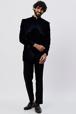 Navy Blue Embroidered Prince Suit Set by Agape Men