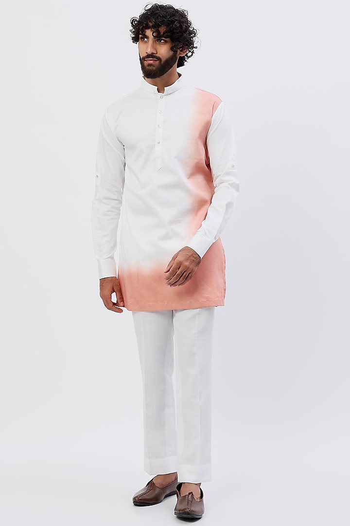 White & Peach Dip-Dyed Short Kurta by Agape Men