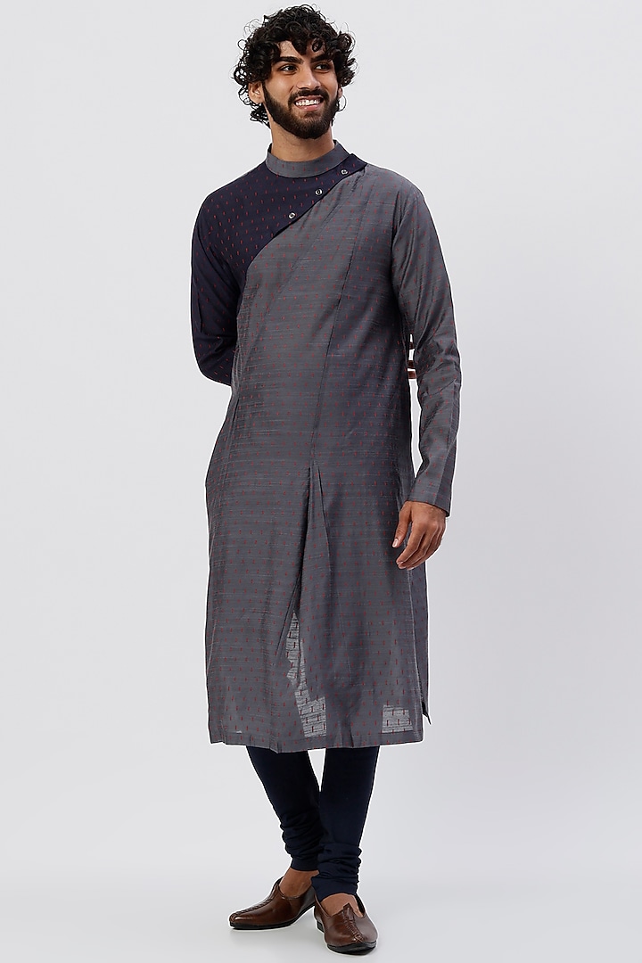 Black & Grey Handloom Cotton Kurta Set by Agape Men at Pernia's Pop Up Shop