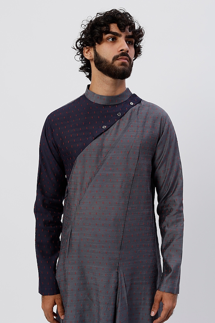 Black & Grey Handloom Cotton Kurta Set by Agape Men at Pernia's Pop Up Shop