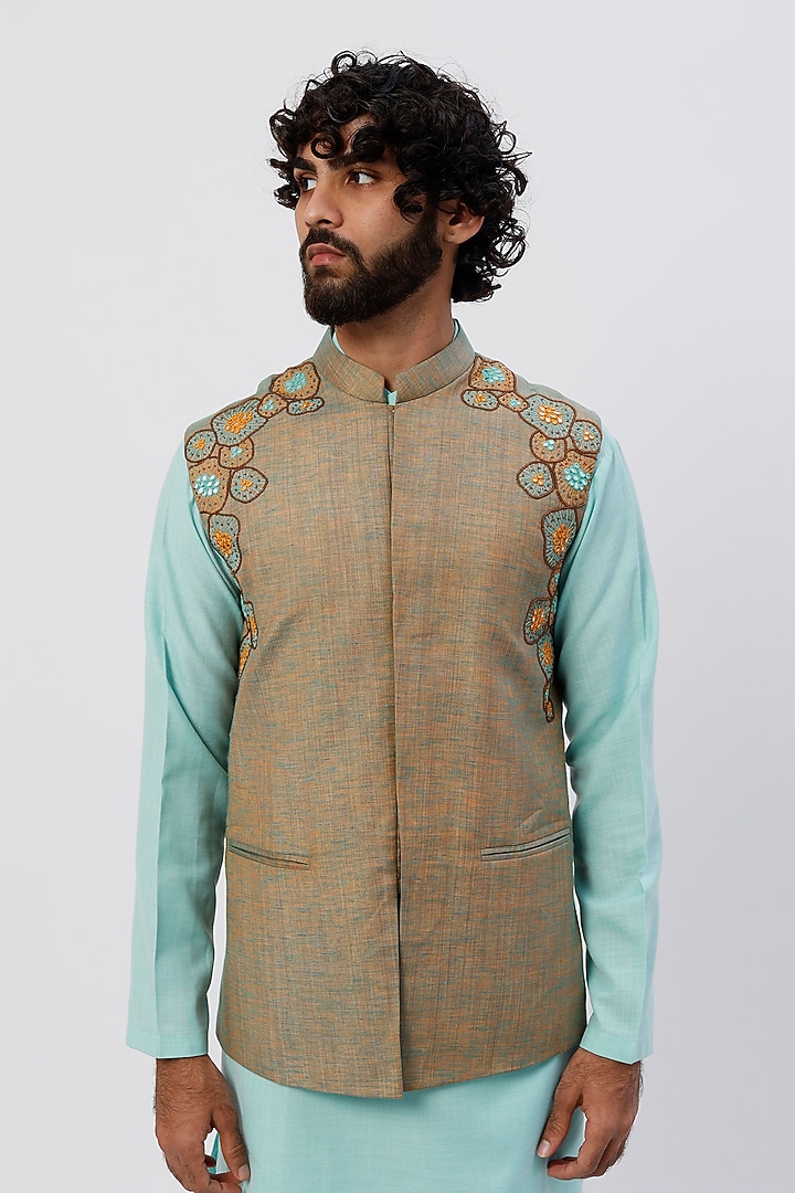 Beige Embroidered Nehru Jacket With Pleated Kurta Set by Agape Men at Pernia's Pop Up Shop
